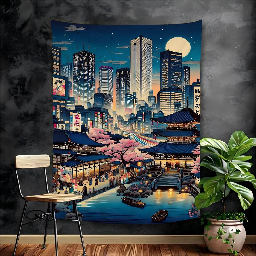 Vintage Japan Tokyo Japanese City Landscape Canvas Cartoon Tapestry Art Science Fiction Room Home Decor Wall Hanging Home Decor