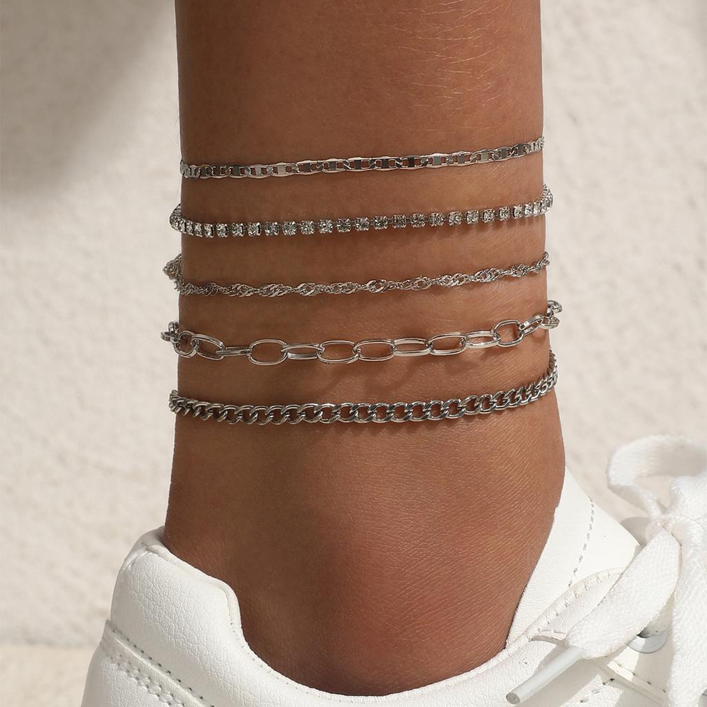 Simple tassel ins style niche foot accessories for women, personalized exaggerated claw chain diamond anklet 5-piece set