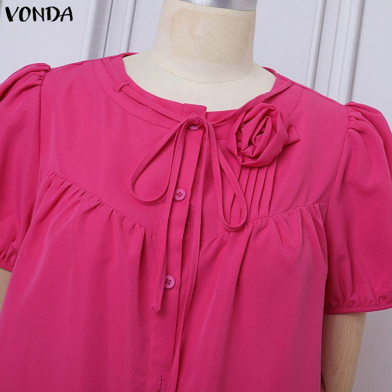 VONDA Women Summer Round Neck Casual Short Sleeve Ruffled Mini Dress