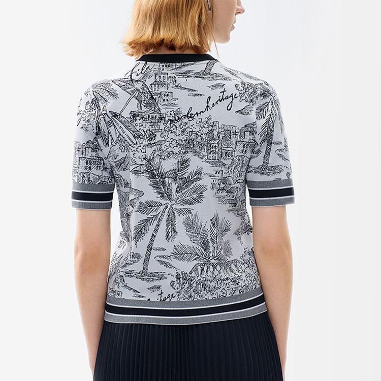 FILA Striped Landscape Pattern Printed Casual Short Sleeve T-Shirt Women Tops White F11W221409F-WT