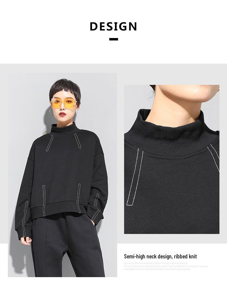 European and American Style Long-Sleeve Round Neck T-Shirt with Exposed Line Decoration for Women