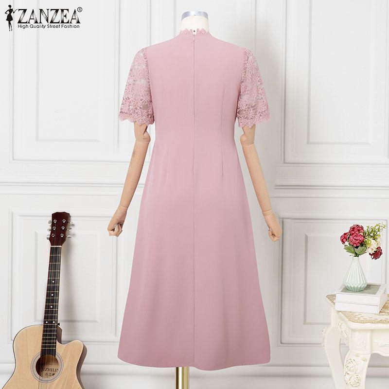 ZANZEA Women Casual Round Neck Short Sleeve Elegant Lace Patchwork Dress