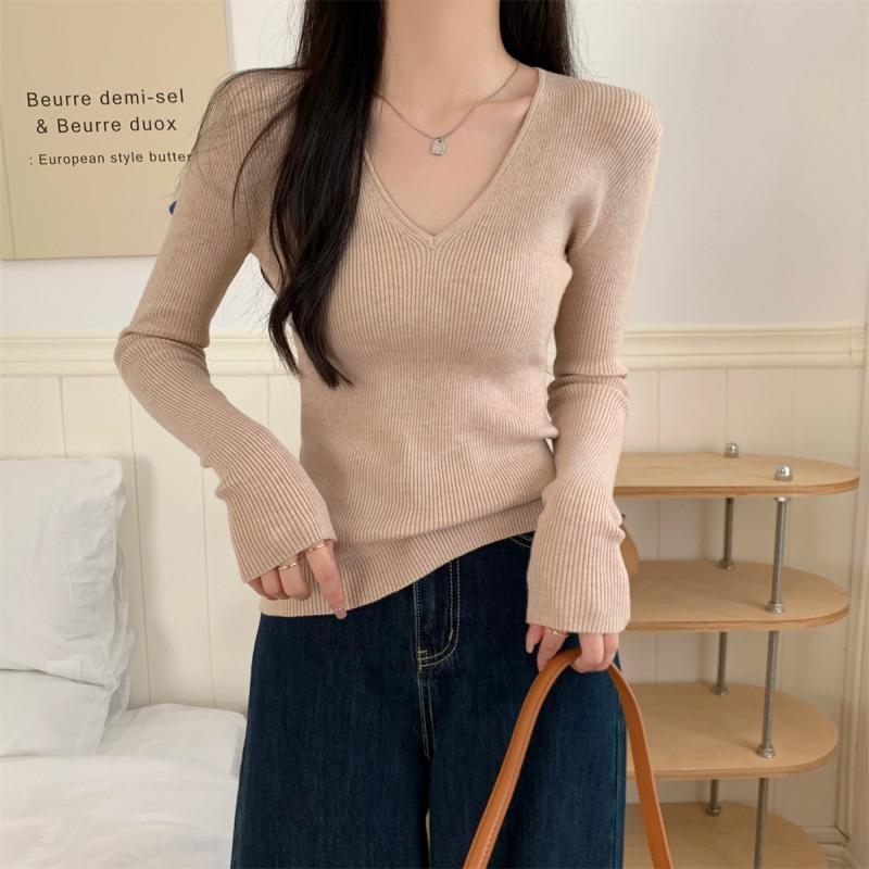 Autumn Winter V-neck Solid Color Knitting Pullover Top Women Casual Fashion Elastic All-match Slim Sweater