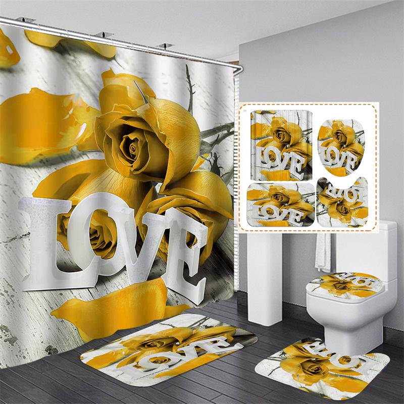 Perdele de duș cu trandafiri cu flori Perdele de baie din poliester impermeabil cu cârlige Perdeau pentru cadă Covoare moi pentru podea Covoraș de baie anti-alunecare Decor baie 4buc