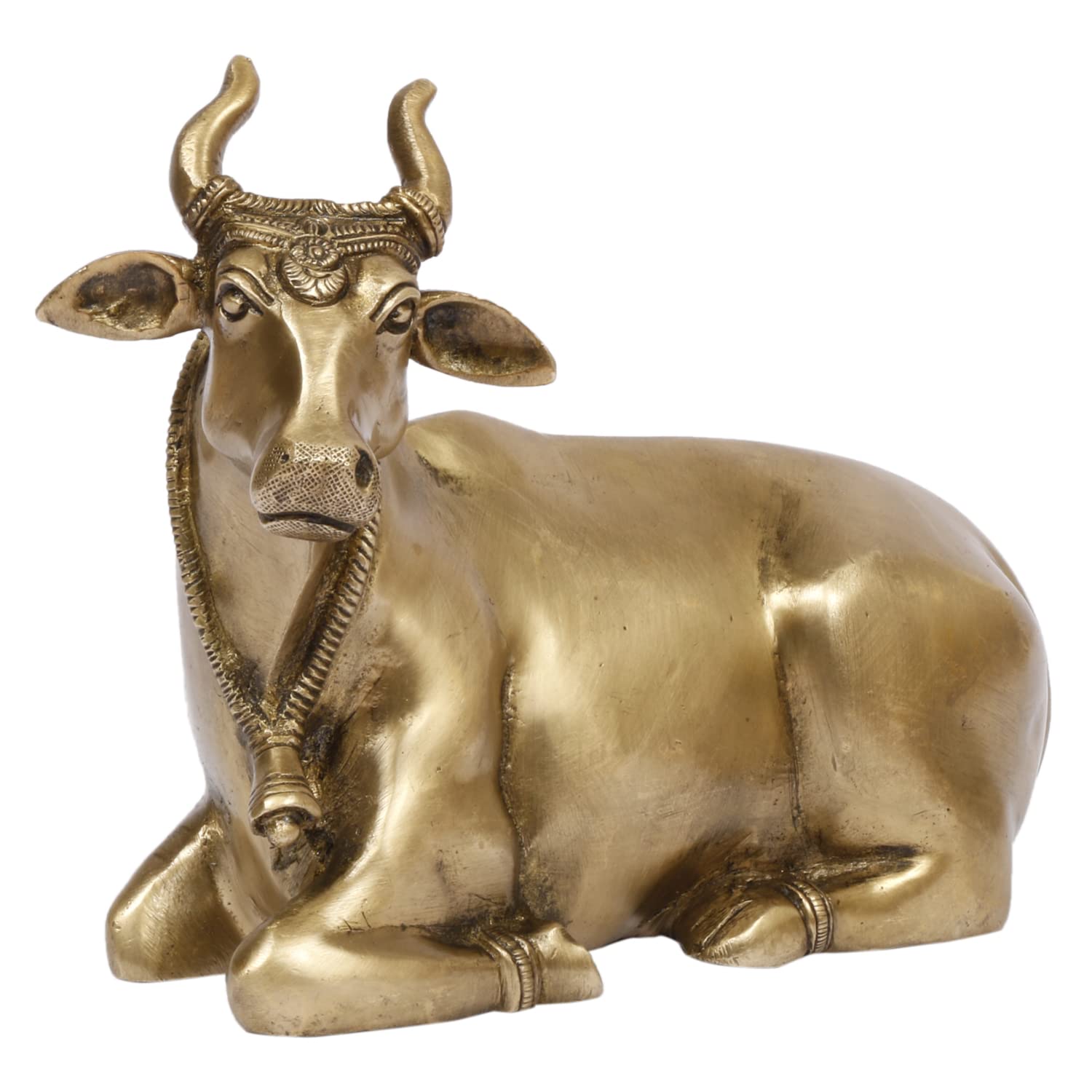 Sitting Nandi Cow Statue, Shiva Bull For Religious Idol, Brass, Gold - 7.5 Inch
