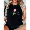 T-shirt with Pink Tulip Print and "for YOU"  Graphic. Black Short-sleeve Round-neck Printed Tee - Machine Washable, Suitable for Spring, Summer,