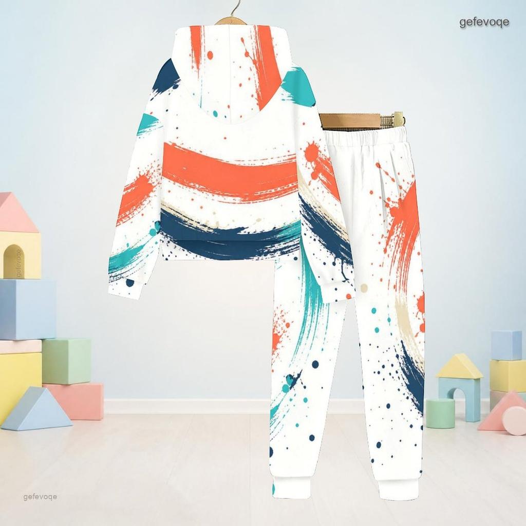 Kids Abstract Geometric Printed Hooded Long Sleeve Sweatshirt And Cuffed Pants Two Piece Set