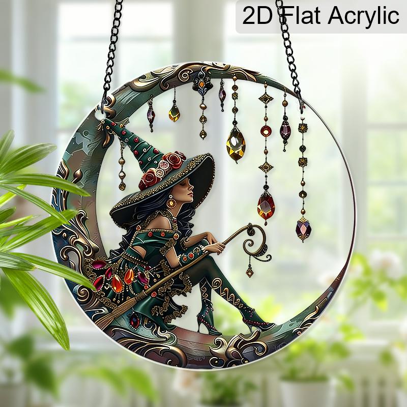 Acrylic Witch On Crescent Moon with Crystals Suncatcher, Stained Glass Effect Window Hanging Ornament for Witchcraft & Fantasy Lover Gifts