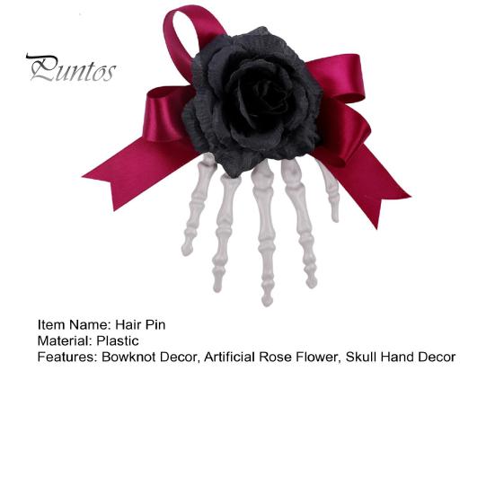 Halloween Hair Pin Skeleton Hand Frame Artificial Rose Flower Bow Decoration Hair Clip Dark Horror Style Hairpin