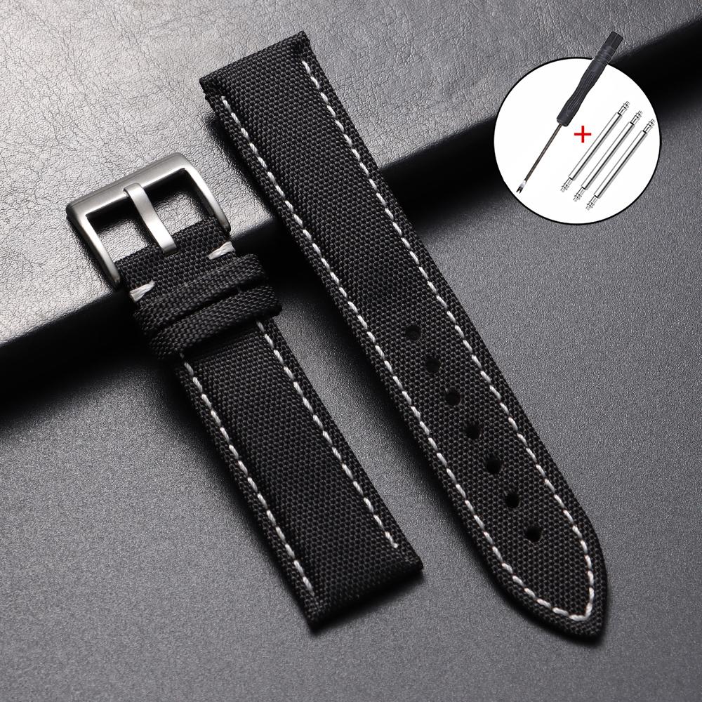 

22mm 24mm Sailcloth Watch Strap Waterproof Nylon Leather Watch Band for Seiko for Omega Sports Wristband Handmade Stitching Belt 24mm чорний білий колір