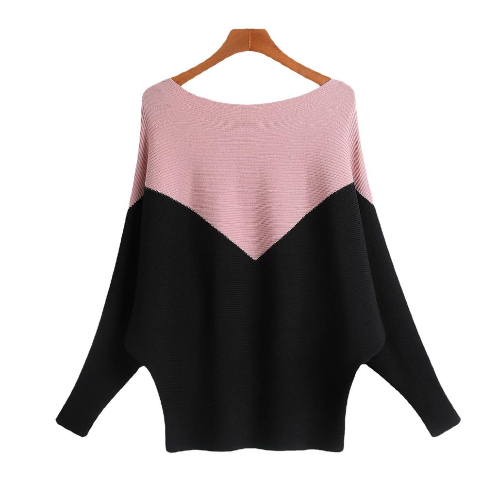 Popular women's splicing irregular knitted sweater one-word collar long-sleeved batman sweater fattened and enlarged sweater