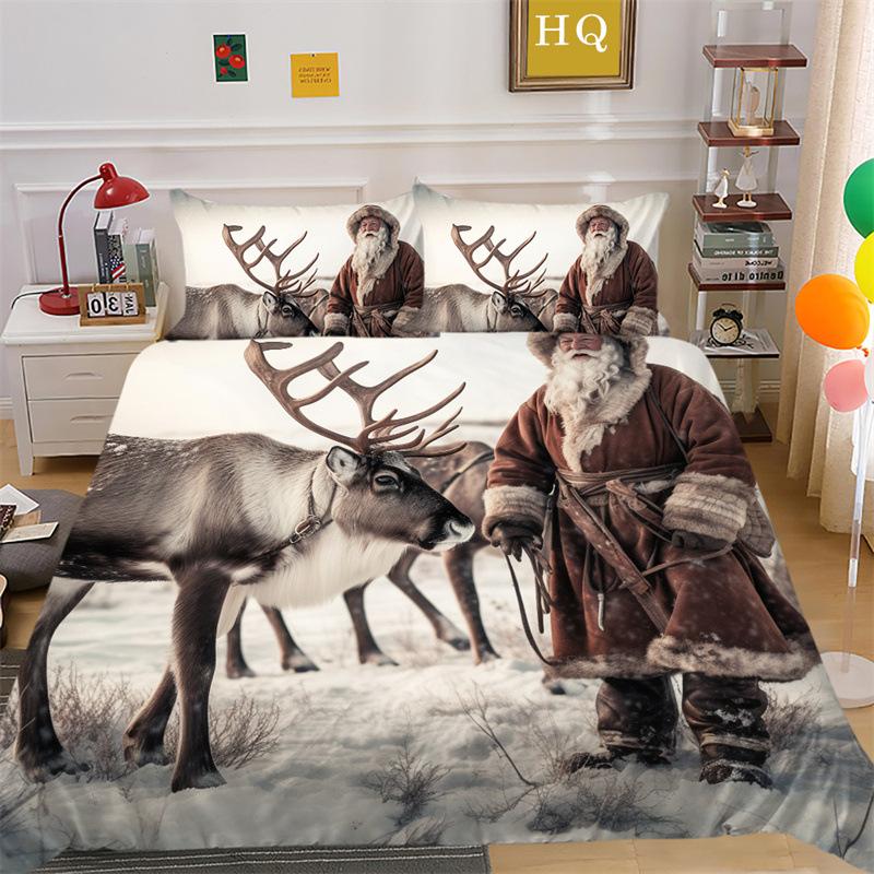 Jultomte Älg 3D-printad Polyester Kuddfodral Täcke Överdrag Två Eller Tre Delars Set