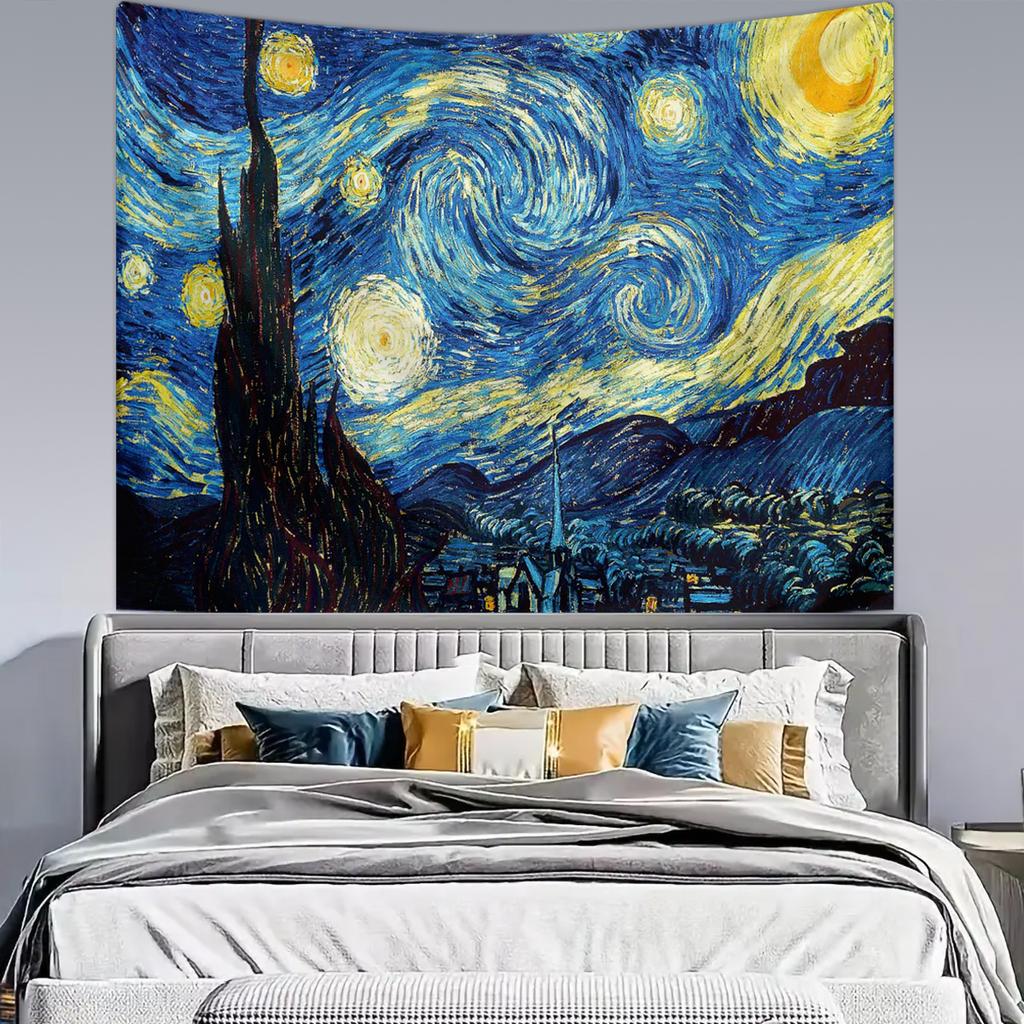 1pc Starry Moon Night Oil Painting Style Tapestry, Retro Starry Sky Universe Moon Tapestry, Bedroom Art Decoration Wall Hanging