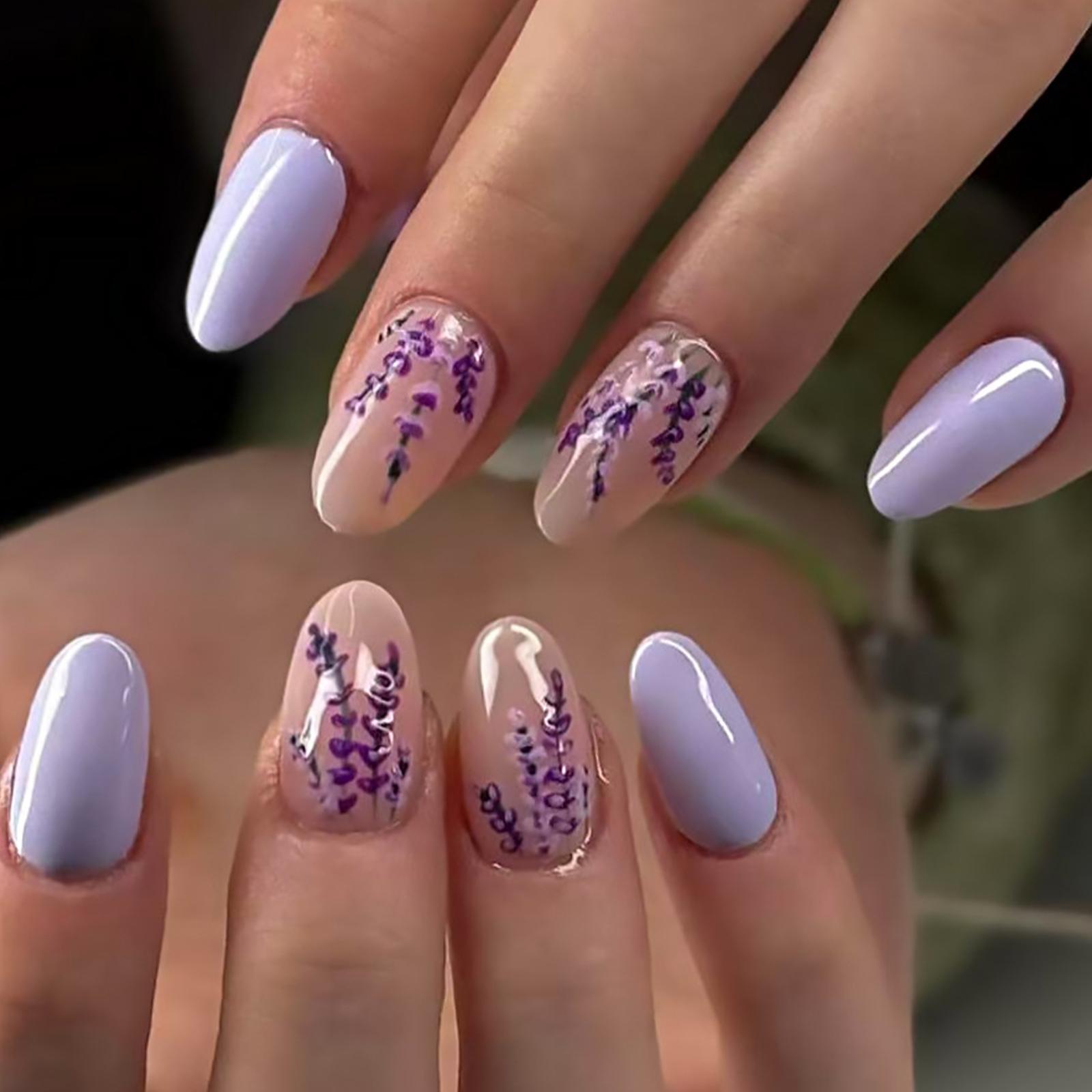 

24Pcs Lavender Short Oval Glossy Press On Nails Winter Fall False Nails Manicure Set For Women Party Easy Application