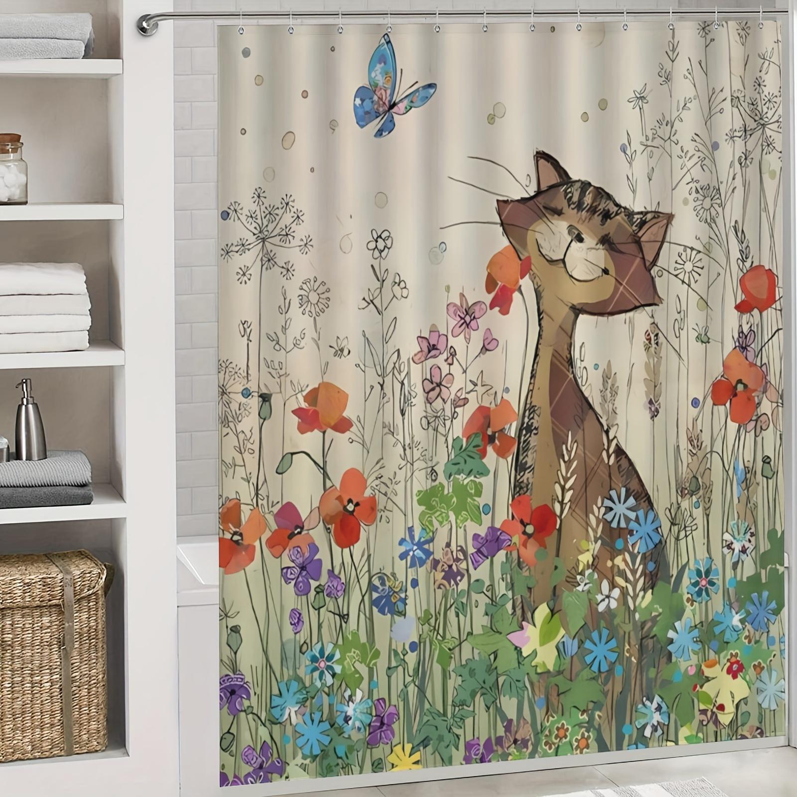 

1Pc Shower Curtain - Whimsical Cat In A Garden Of Wildflowers And Butterflies Design For A Charming Bathroom Waterproof W60H190(CM)-1 Pcs