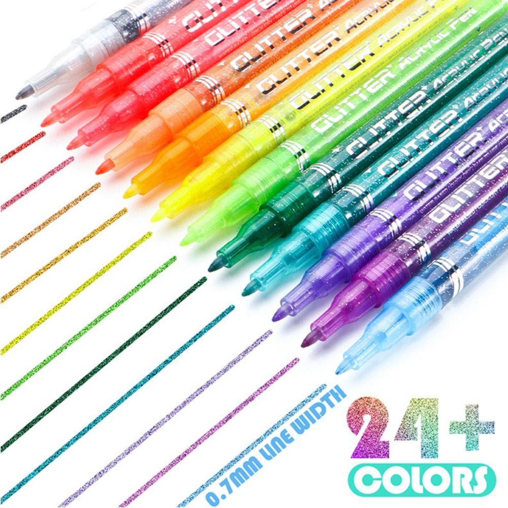 New 12/24Colors Glitter Pen Quick-Drying DIY Graffiti Drawing Acrylic Pen Set Water-Based Art Markers Pen Stone Wood Calligraphy