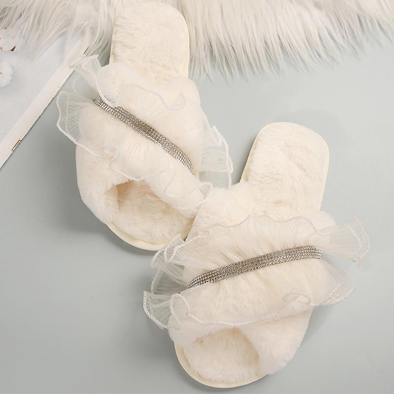Mesh Faux Fur Cotton Slippers for Women All Match Crystal Detor Fur Slippers Woman Winter Cross Strap Indoor Cotton Slides Lady