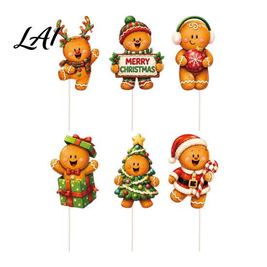 Cute Cartoon Holiday Picks 6 Pcs Large Christmas Tree Picks Wooden Santa Snowman Gingerbread Ornaments Xmas Man Party Supplies Topper Decoration for