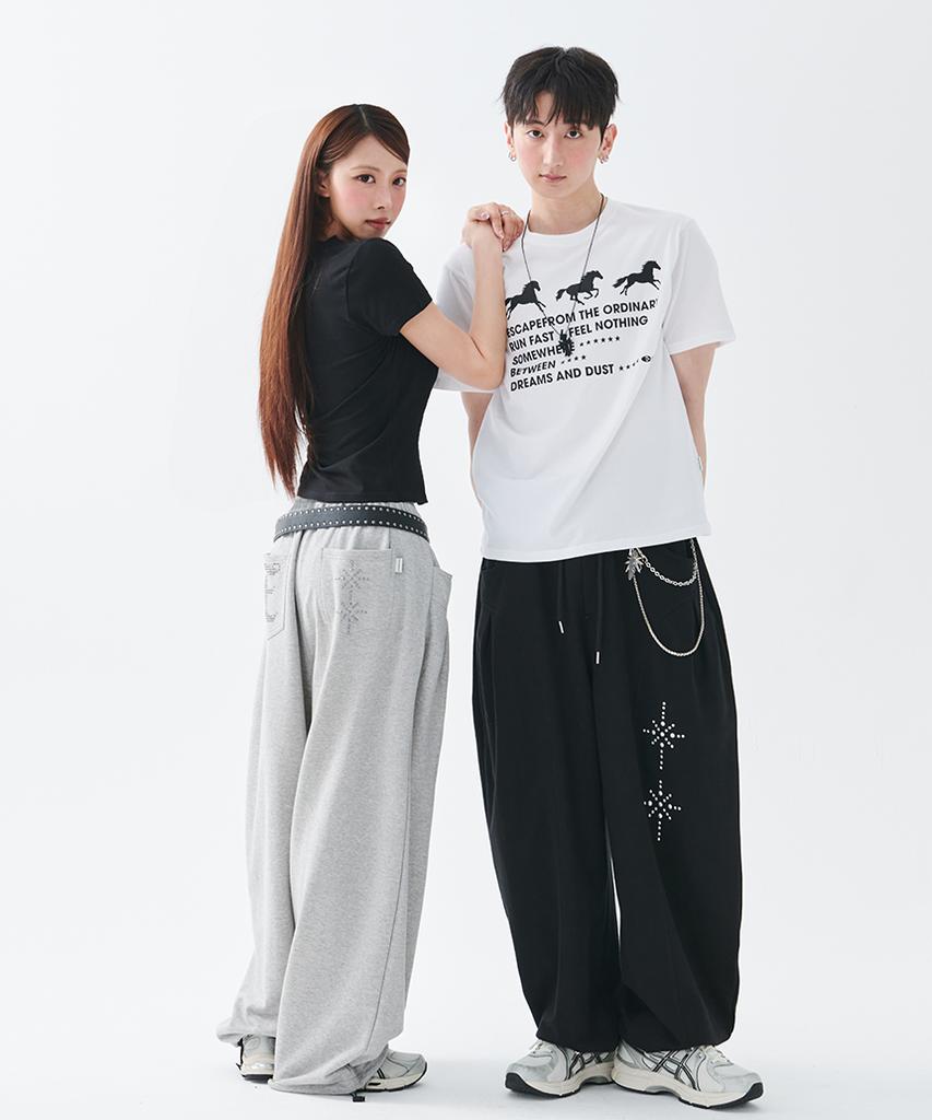 ESCAPEFROM [Escf X Hot Today] E Star Hotfix Detail Incision Sweatpants Black