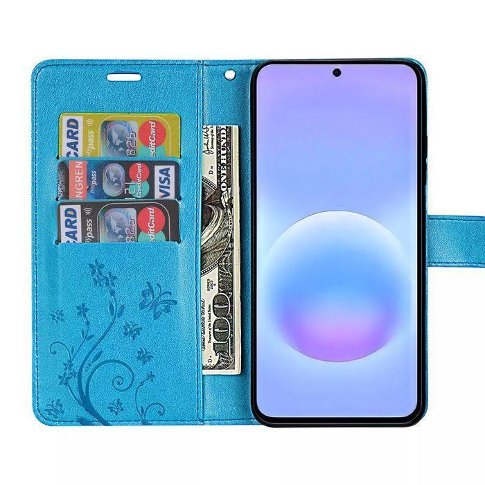 Funda para Samsung Galaxy A57 5G, Anti-Rayones Piel Sintética con Dibujo Floral - Azul - 2 Cristales Templados
