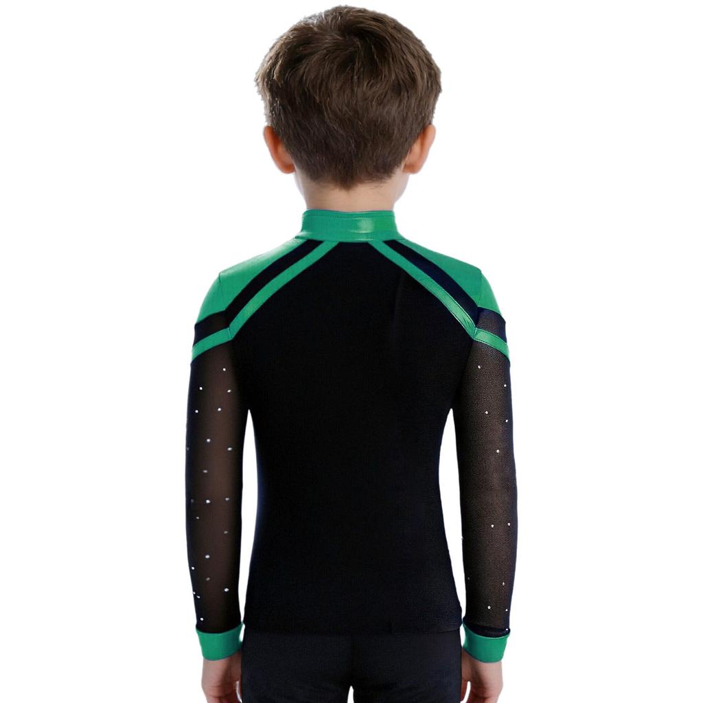Boys V Neck Long Sleeve Shiny Metallic Color Block Figure Skating Top