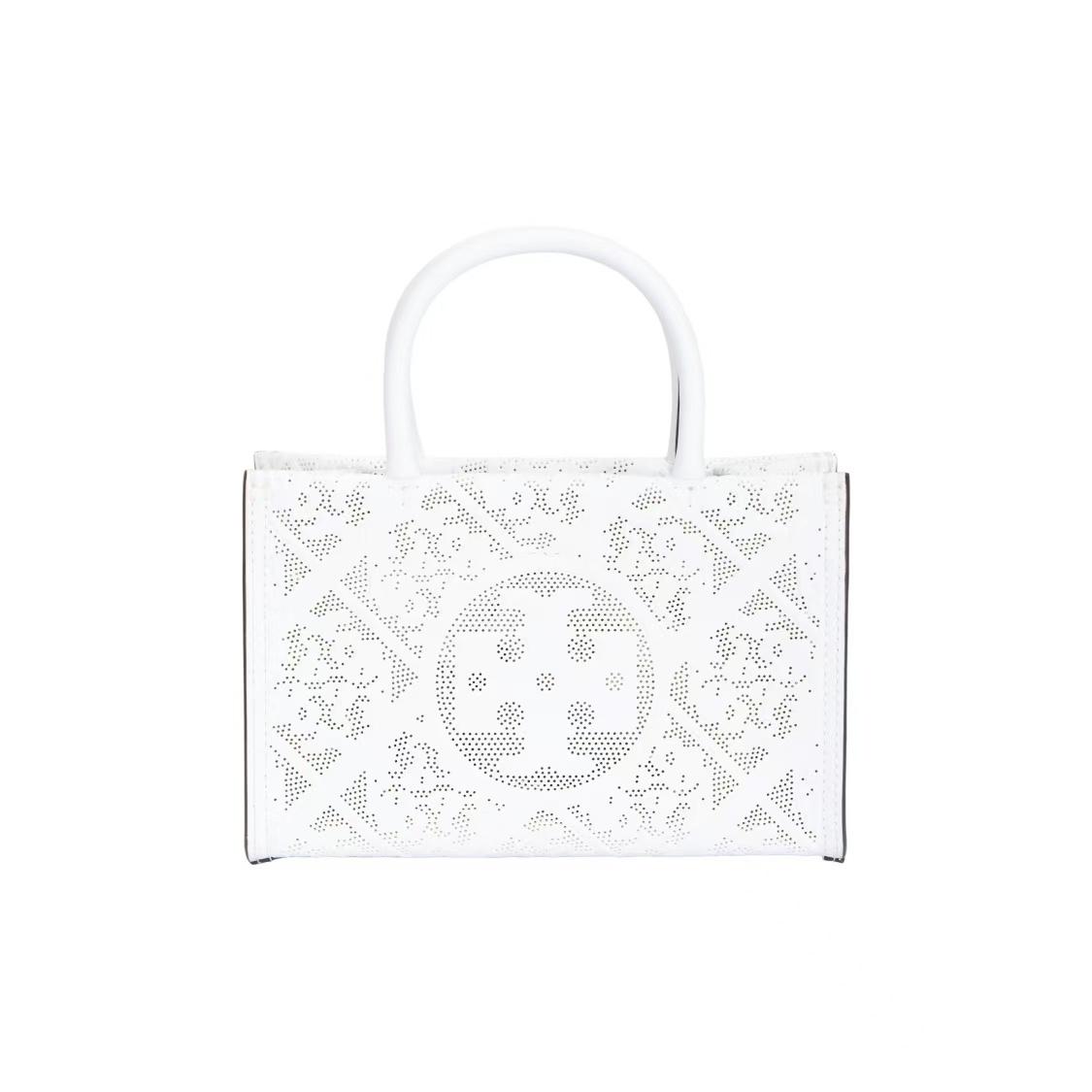 

Tory Burch Ella Bio Perforated Classic Brand Embossed Faux Leather Tote Bag Shopping Bag Shoulder Handbag Mini Women Tote White 169807-100 Basic Set (Bag+Dust Bag)