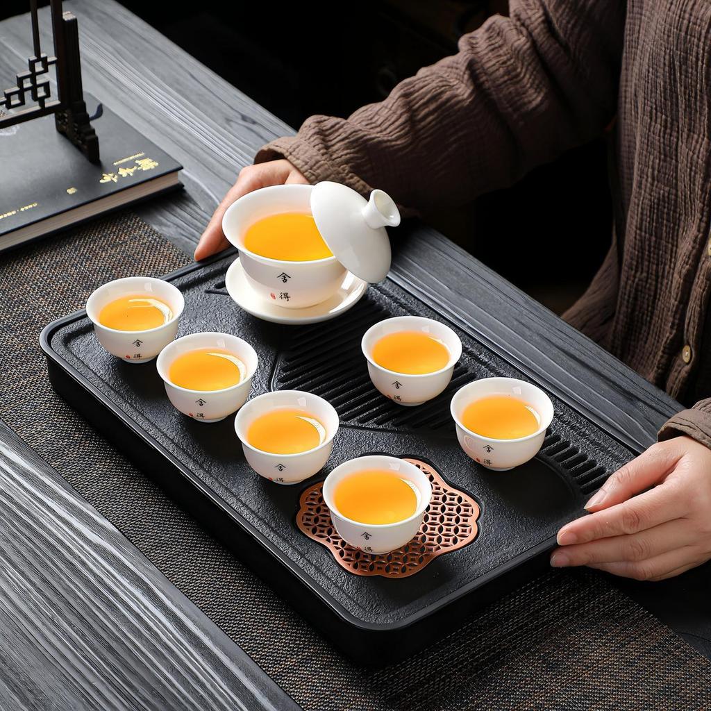High Quality White Porcelain Tea Set Gaiwan Bamboo Hat Cup Kung Fu Chinese Ceramic Teaware Home Office Business Tea Insufer