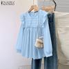 ZANZEA Women Vintage Round Neck Ruffled Long Sleeve Striped Blouses