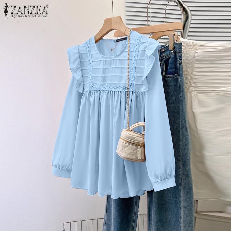ZANZEA Women Vintage Round Neck Ruffled Long Sleeve Striped Blouses