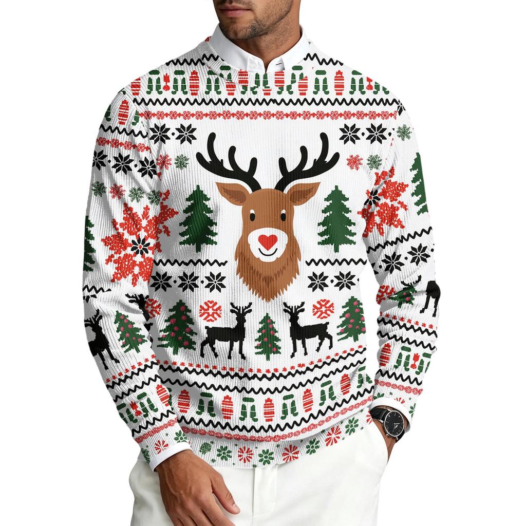 Men's Long Sleeve Crewneck Ribbed Knit Pullover Sweater with Christmas Holiday Print Casual Winter Top