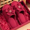 Lidani burgundy slippers wedding a pair of four seasons festive new bride senior morning robe couple wedding shoes