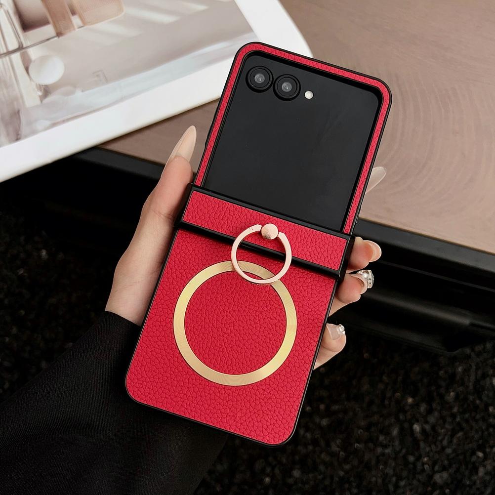 

Lychee Plain Leather Metal Finger Ring and Magnetic Ring Case For Motorola Razr 60 Ultra razr60 Moto Razr 50 razr+ Cover Motorola razr+ 2024