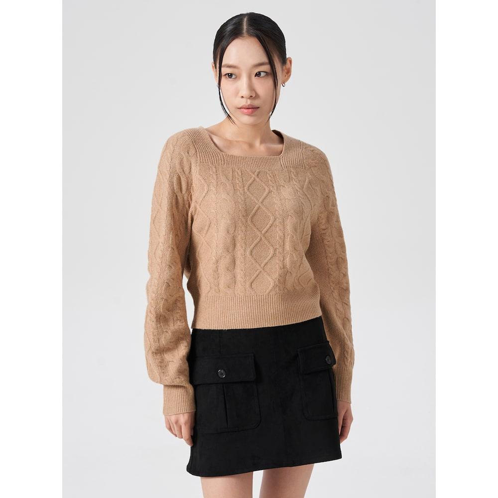 8SECONDS Modified Cable Knit Square Neck Long Sleeve Pullover Beige