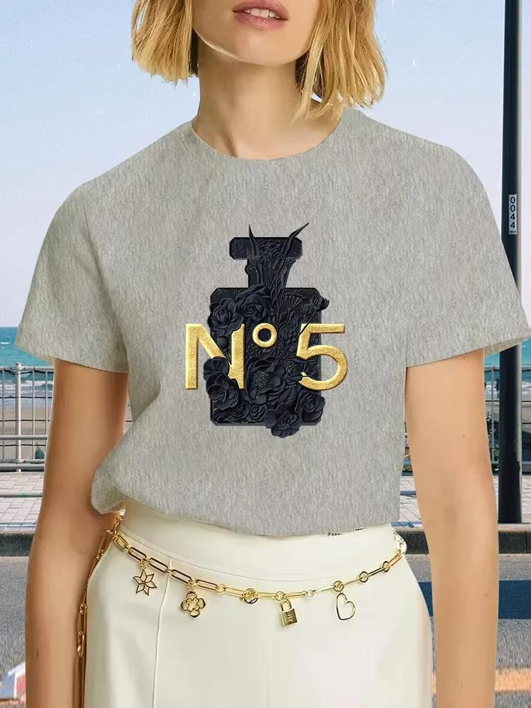 Luksusowa Marka Moda Czarny Perfumy Surrey Nadruk Okrągły Dekolt Odzież Krótki Rękaw Letni Damski Trend Y2K Oversize Top