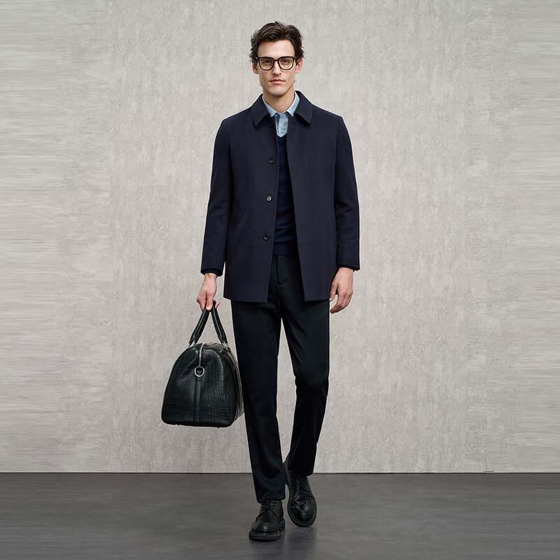 EMZ Men's Detachable Goose Down Lined Wool Blend Long Coat