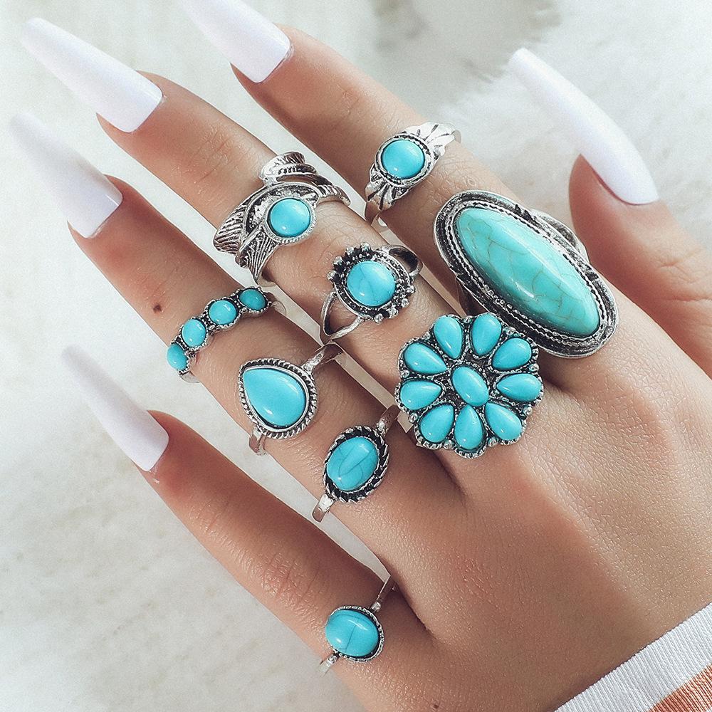 Vintage Bohemian Feather Turquoise Hollow 9 Piece Set Ring
