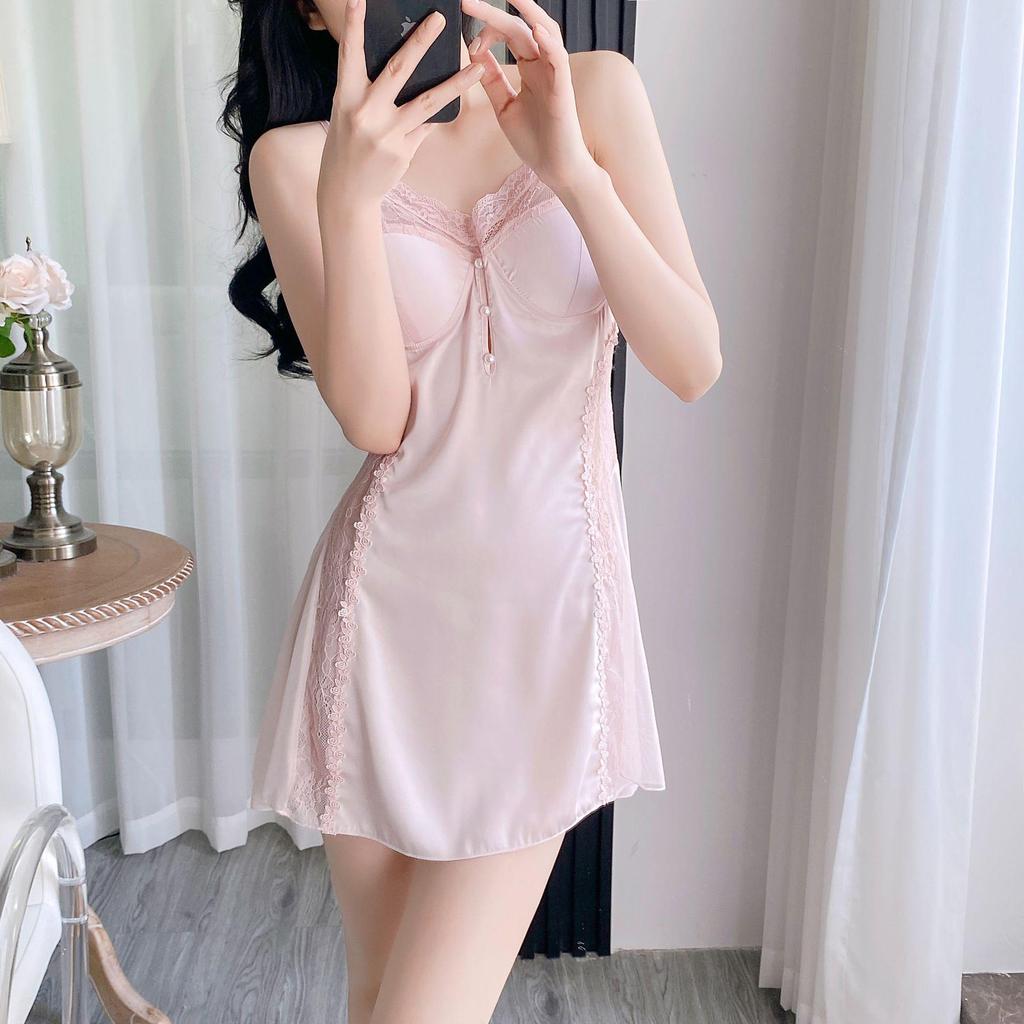 French-Style Ice Silk Lace Nightgown Set: Rich Girl Spring/Summer Two-Piece Camisole Dress with Chest Pads for Home Wear