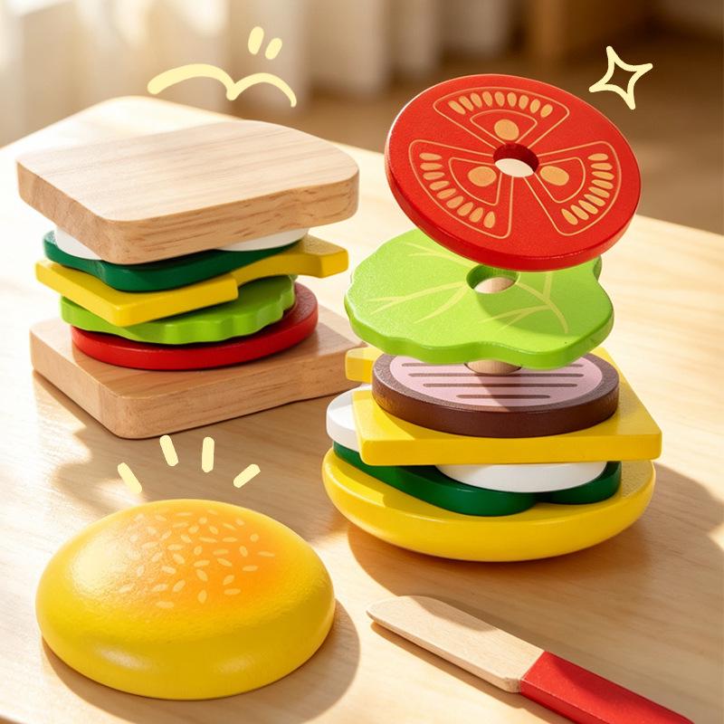 Wooden Play Food Set: Hamburger, Fries, Sandwich, and Kitchen Utensils for Kids