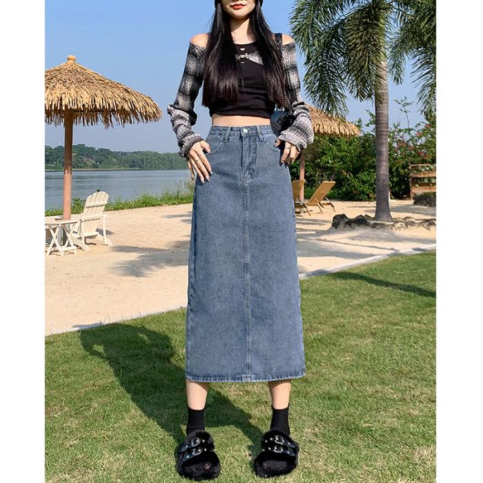 

Жіноча вінтажна джинсова міді-спідниця 2025 року з високою талією та розрізом - Літня, для невисоких, А-силуету, облягаюча Medium