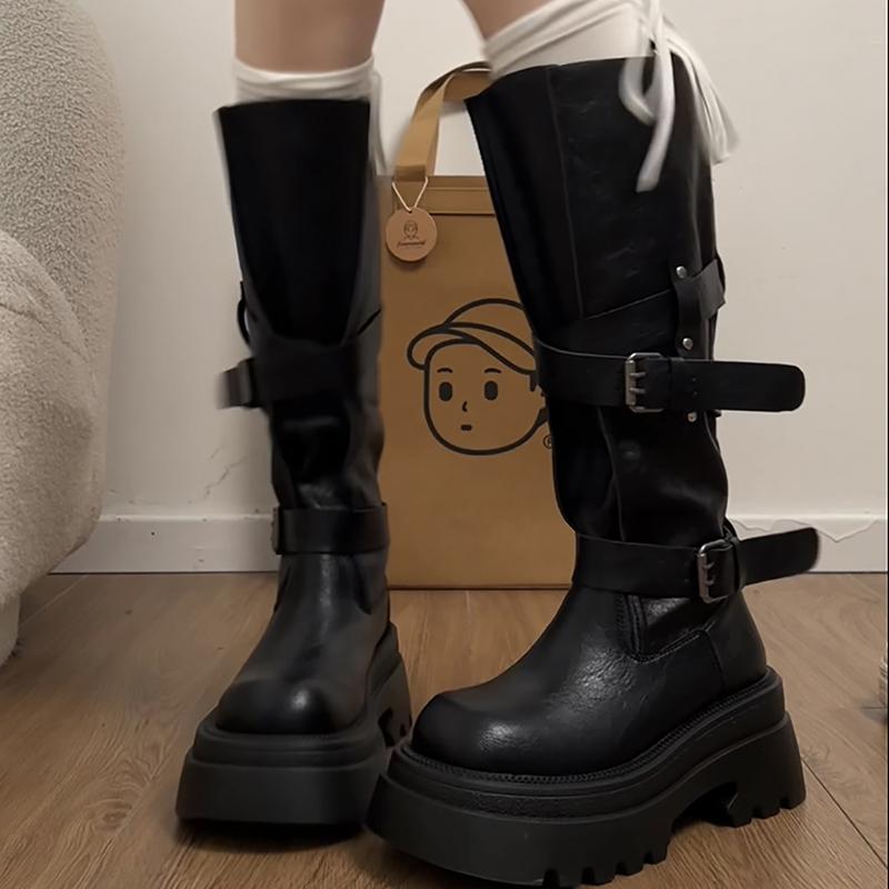 Vintage Thick Bottom Woman Knee High Boots Fashion Belt Buckle Zippers Shoes Female Knight Long Booties Shoes