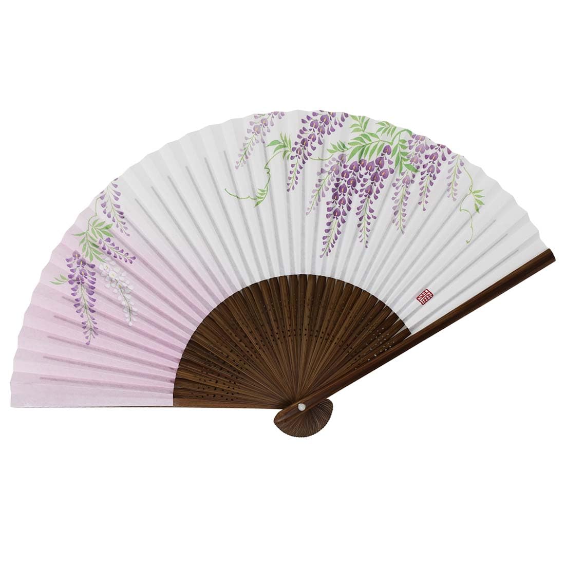 [Стильный Кимоно Ироха] Женский Складной Веер, Ароматизированный, Резной Деревянный Караки, Дизайн с Глицинией, Розовый