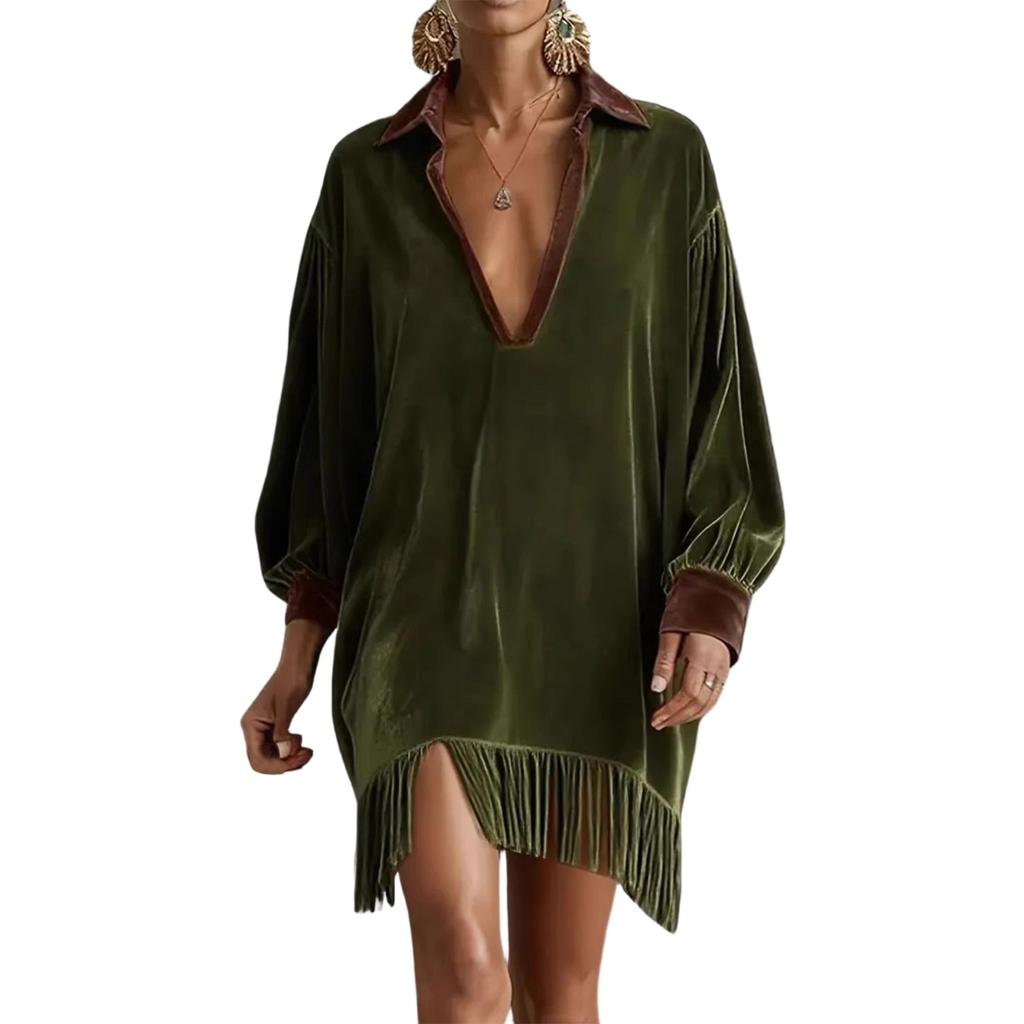 Women's Fashionable Color Blocked V-neck Long Sleeved Retro Loose Pocket Tassel Dress