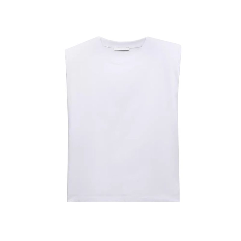 Spring New Women's Clothing Fashion Trendy Cool Easiest for Match Round Neck Sleeveless Padded Shoulder Decorative T-shirt 0858030 0858034