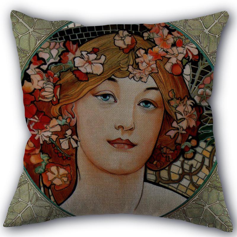Custom Alphonse Mucha Art Pillowcase Cotton Linen Fabric Square Zipper Pillowcase 45X45 Wedding Decorative Pillow Cover