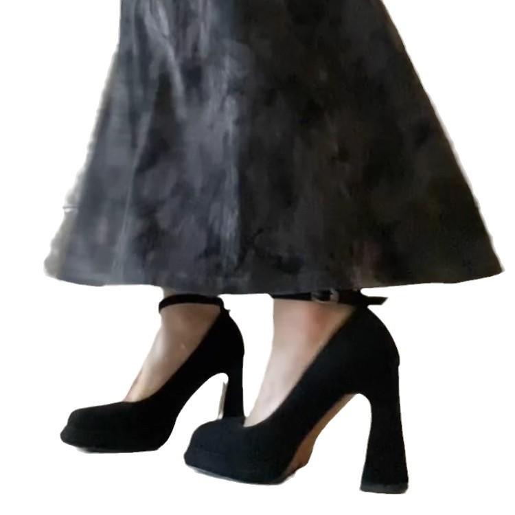 Sheepskin Version! Mary Jane High Heels Niche Square Head One-word Buckle with Thick Heel Not Tired Feet Waterproof Table Shallow Mouth Single Shoes