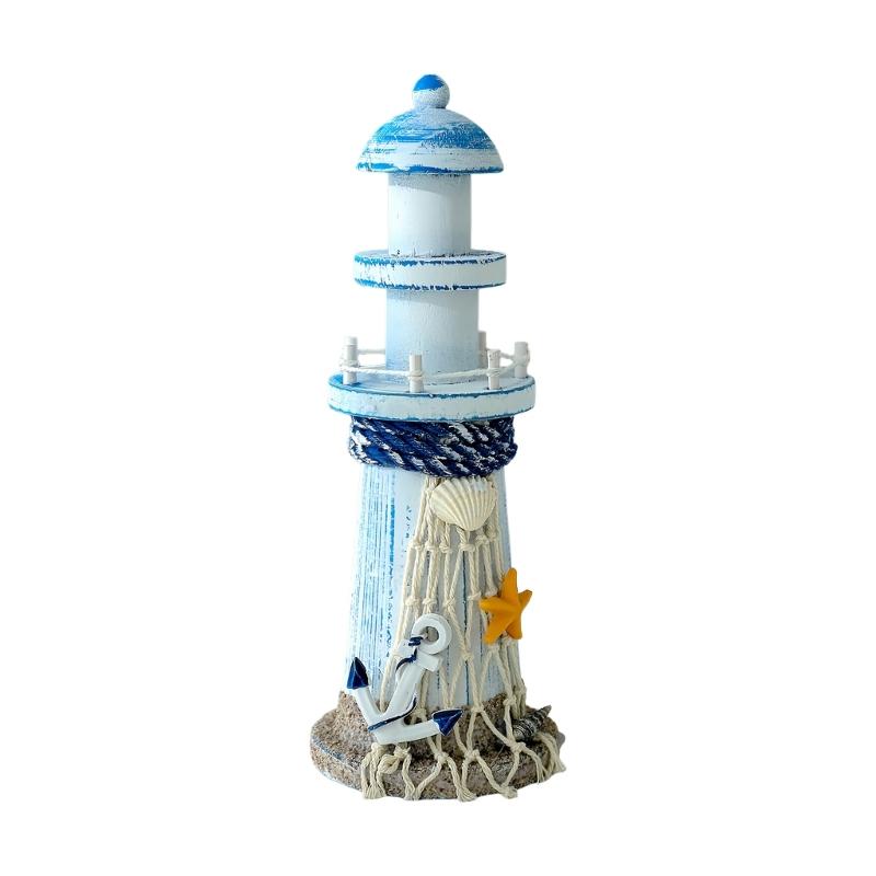 Wooden Lighthouse Decors Nauticals Theme Decors Lighthouse with Starfishs Fish Net Decors Decorative Ornament for Home Decors