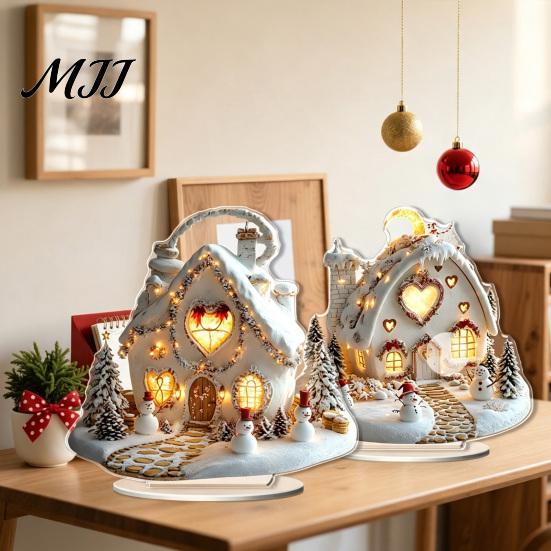 Christmas Party Centerpieces Winter Ornaments, Double-sided Acrylic Snowman/Santa Claus/Reindeer/Cottage Table Snow Scene Ornaments Decorations