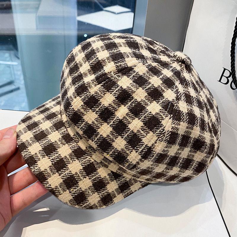 Шерстяной клетчатый берет женский сезонный нишевый студенческий стиль японский ретро восьмиугольная кепка газетчика кепка художника One size fits all коричневый