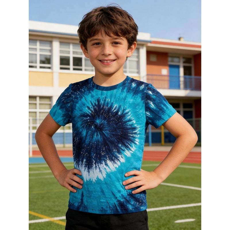 Children's Clothing Boys Spiral Tie-Dye Short Sleeve Rainbow Swirl Print Round Neck Top Summer Casual Erano Colorido Boy Clothes