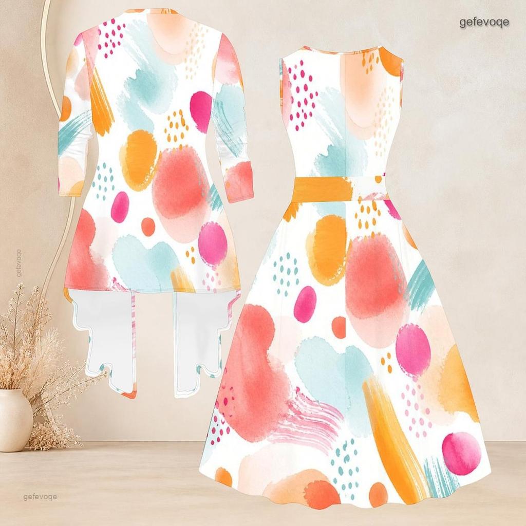 Women Plus Size Two Piece Dress Set 3 4 Sleeve Open Front Cardigan Sleeveless Round Neck Tie Waist Flared Dress Blue Black Printed